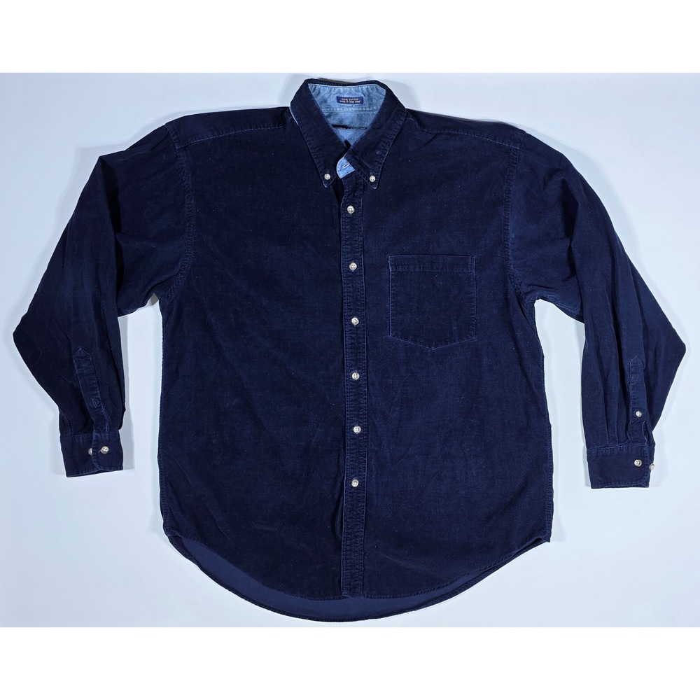 Norsport Men's Navy Blue Corduroy Button Down Shirt Long Sleeve Cotton Large